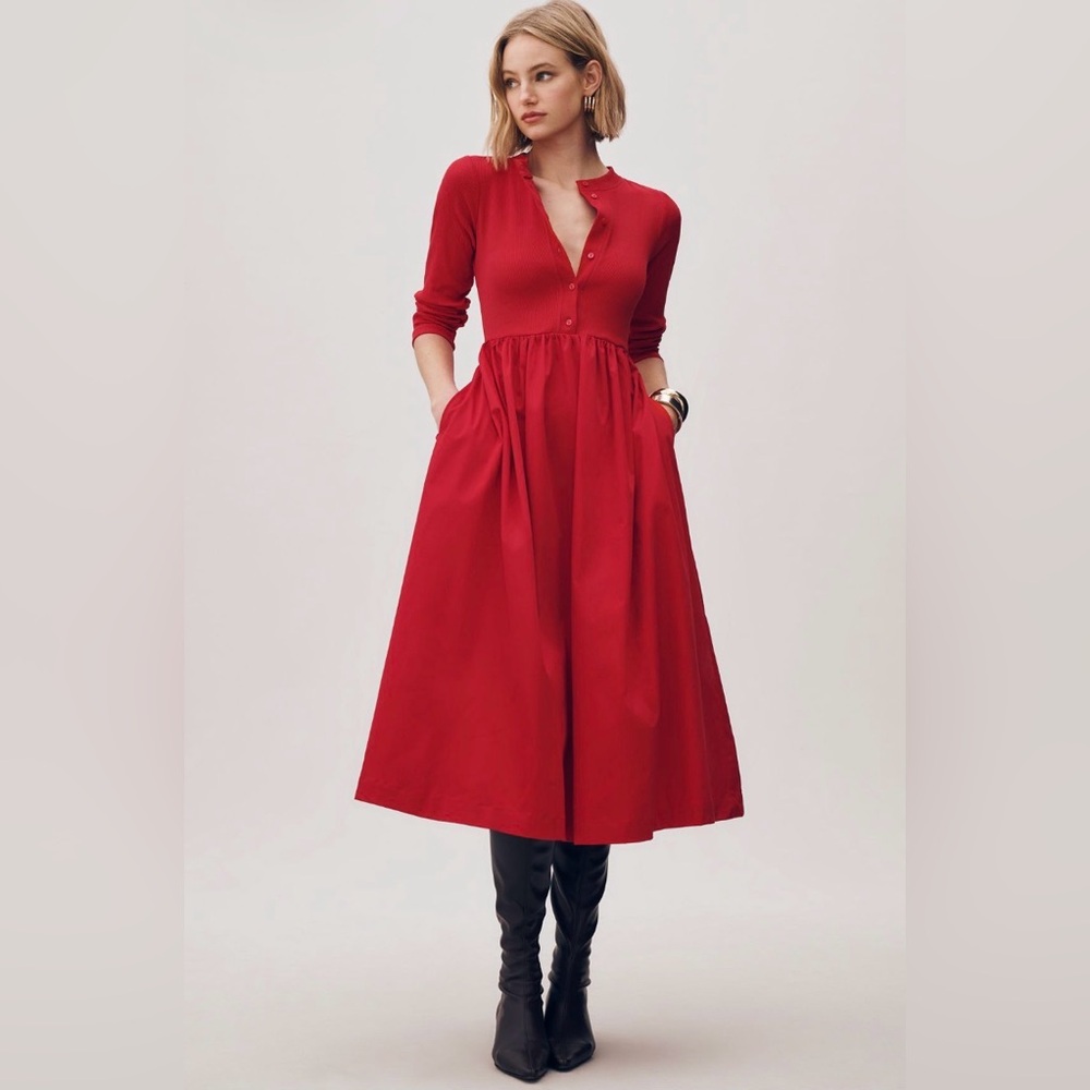 Brand new, never worn with tags, Anthro Maeve red Midi cotton long sleeve Dress